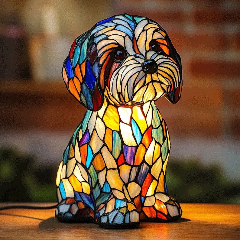 Luminous Canine Companions in Stained Glass Light